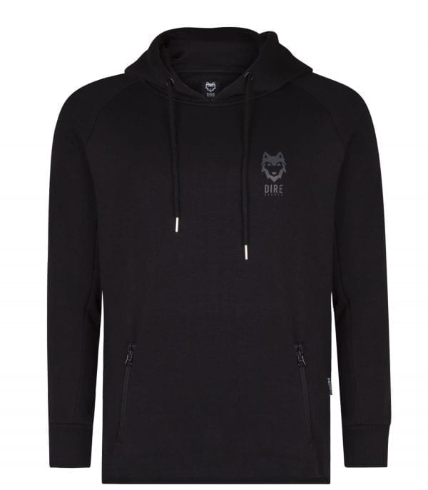 Voorkant zwart DIREsports Hooded Sweater met klein DIRE logo